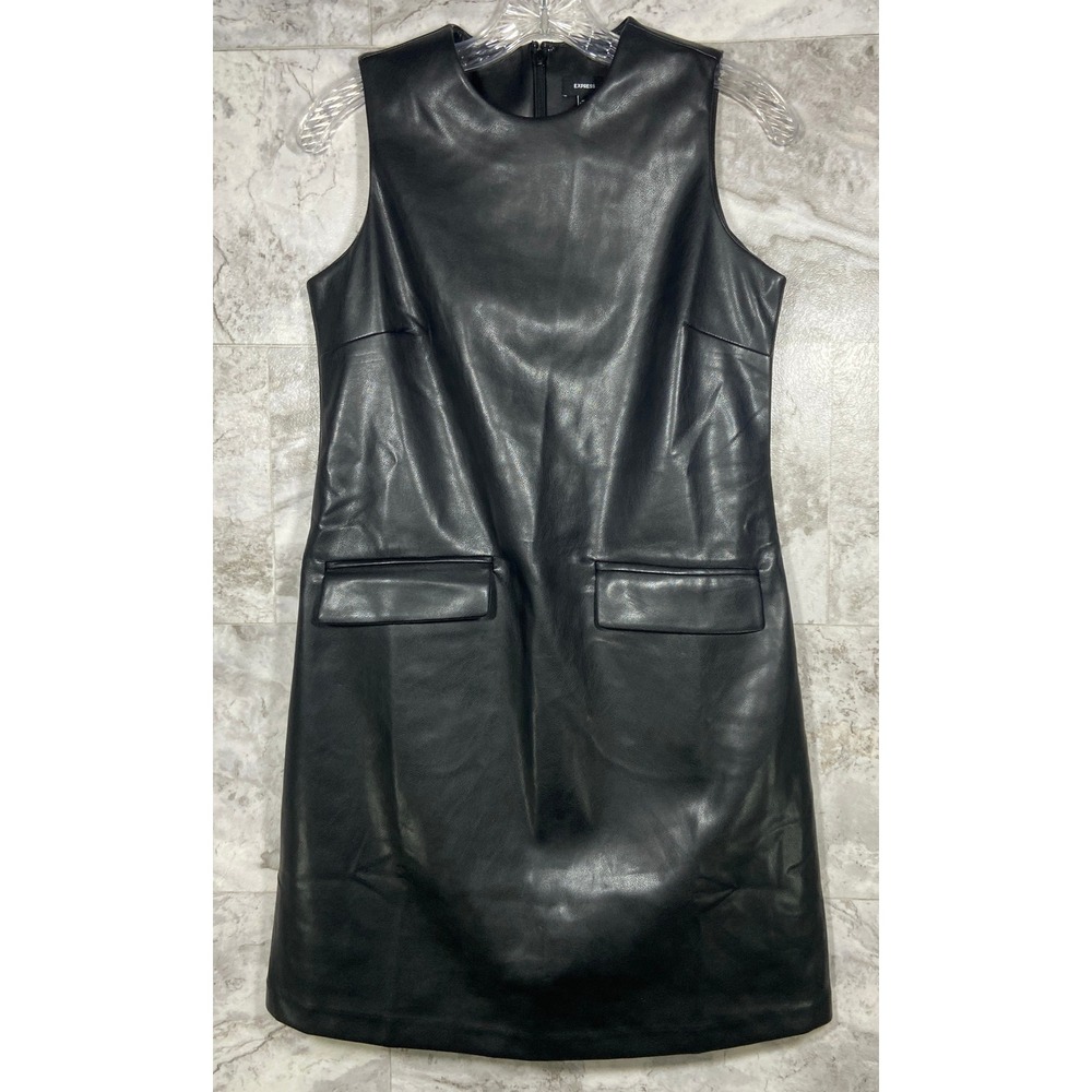 Express Sheath Dress Black Faux Leather Sleeveless Pockets Zipper Back Size S